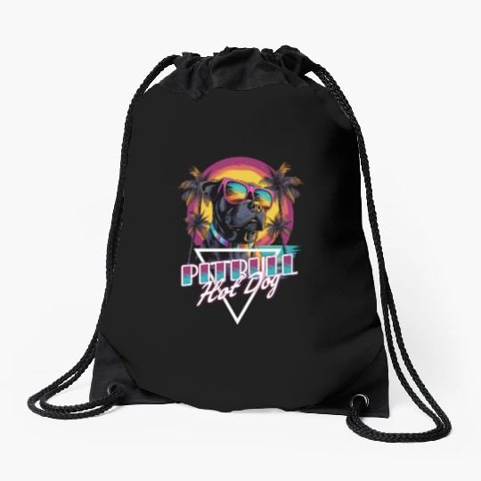 Retro Wave Pitbull Terrier Hot Dog Drawstring Bags