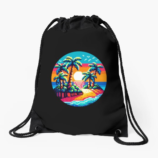 Pixel Palms: Tropical Serenity Drawstring Bags