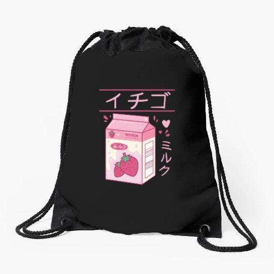 Japanese Strawberry Milk Drink Kawaii Kanji Vaporw Drawstring Bags