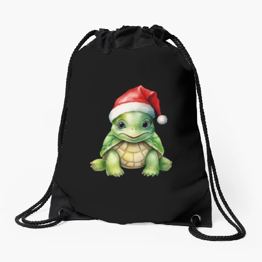 cute green sea turtle wearing a Santa hat Drawstring Bags