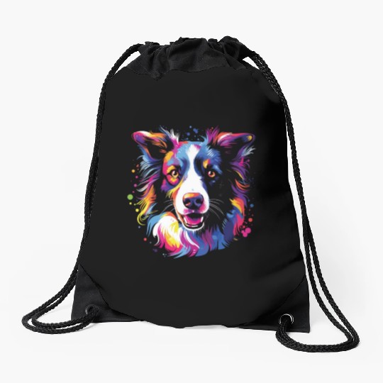 Watercolor Colorful Border Collie Drawstring Bags