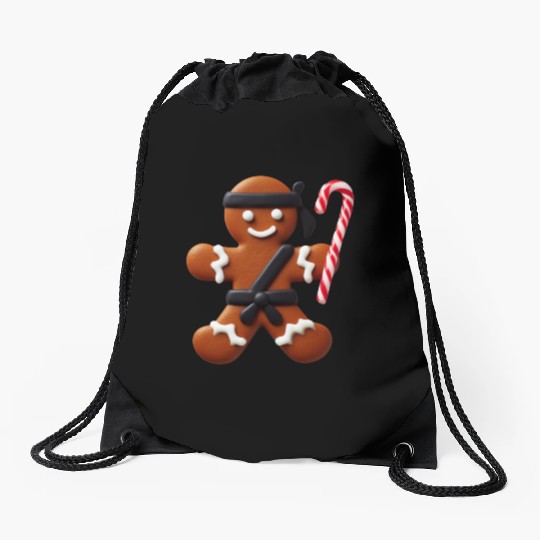 Funny Ninja Gingerbread Man Cookie Candy Cane Drawstring Bags