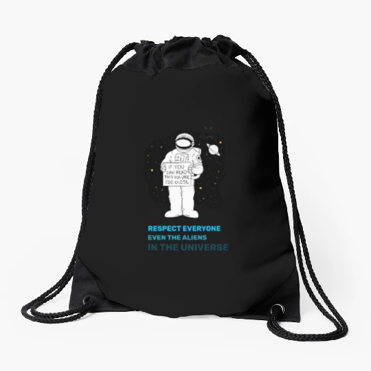 Black White Astronauts and Aliens Drawstring Bags