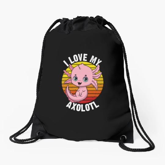 I Love My Axolotl in Retro Drawstring Bags