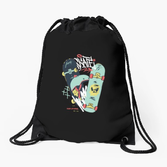 Black Light Green Modern Illustrated Skateboard Drawstring Bags