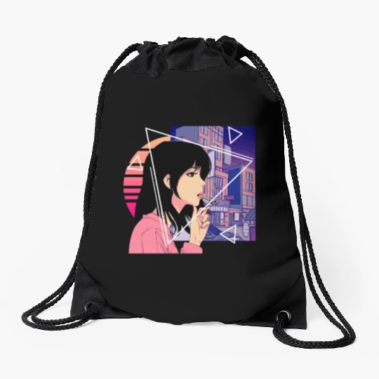 Retro 80's Japanese Lofi Vaporwave Aesthetic Sad A Drawstring Bags