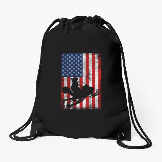 Cute Squirrel Snowmobile USA Flag Snowmobiling Drawstring Bags