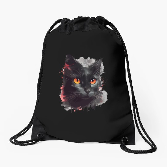 Black Cat Japanese Watercolor Mystery Gaze Drawstring Bags