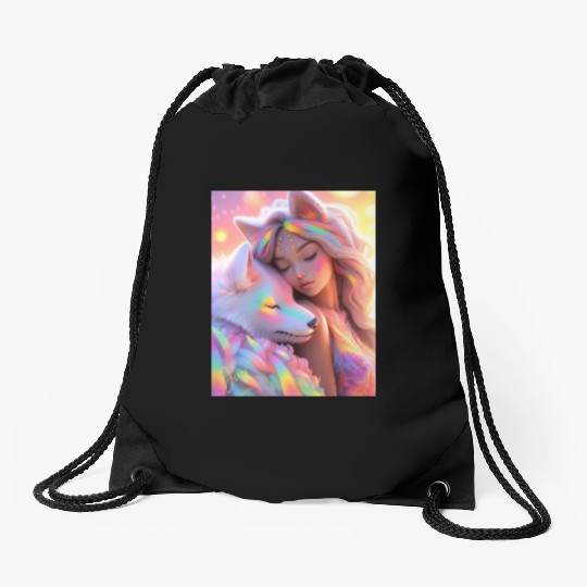 Rainbow Friends - White Wolf and Girl Drawstring Bags