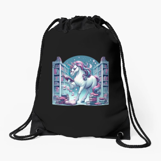 Unicorn Librarian in Enchanted Library Drawstring Bags