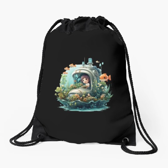A delightful kawaii book submarine exploring Drawstring Bags