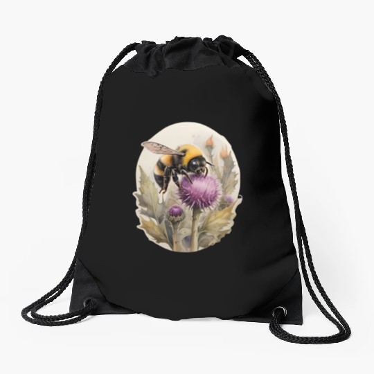 Bumblebee on thistle watercolor Drawstring Bags