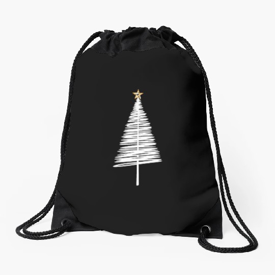 White Christmas Tree Brushstroke with Golden Star Drawstring Bags