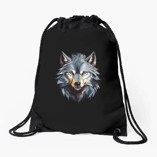 Majestic Wolf Face Illustration Drawstring Bags