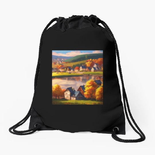 relaxing village skyline in autumn 1 Drawstring Bags