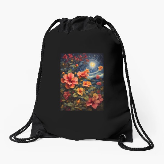 Colorful Hibiscus Under Starry Night Sky Drawstring Bags