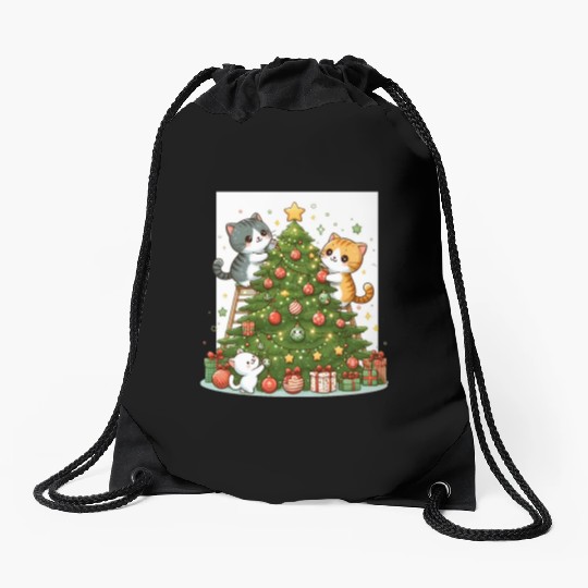 Kittens decorate a Christmas tree Drawstring Bags