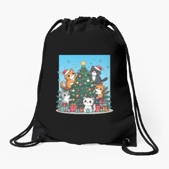 Kittens decorate a Christmas tree Drawstring Bags