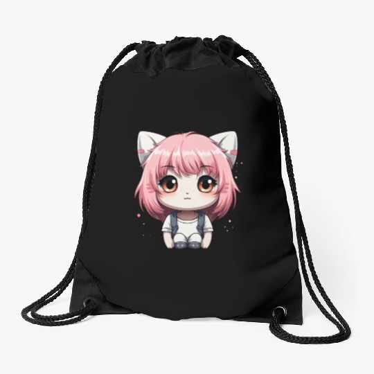 kawaii cat face with cat head Drawstring Bags