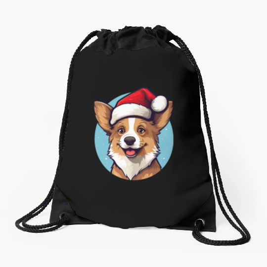 cute corgi wearing santa hat Drawstring Bags