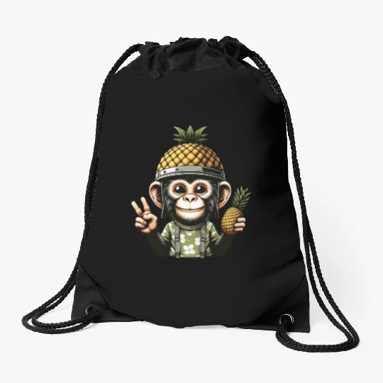 Friendly monkey in pineapple helmet Drawstring Bags