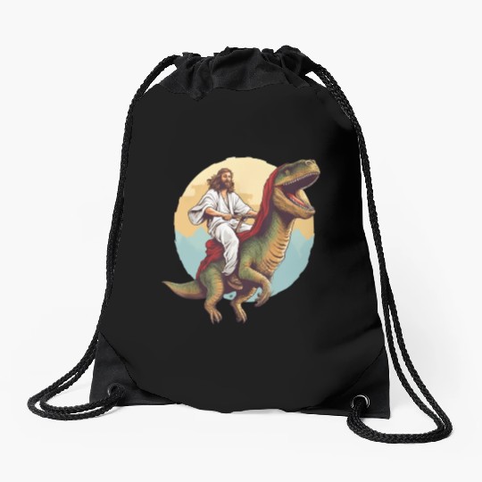 Jesus Riding a Dinosaur Meme Dino Lover Drawstring Bags