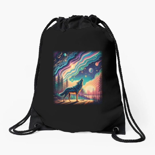 Majestic Wolf Howling At The Eclipse Drawstring Bags