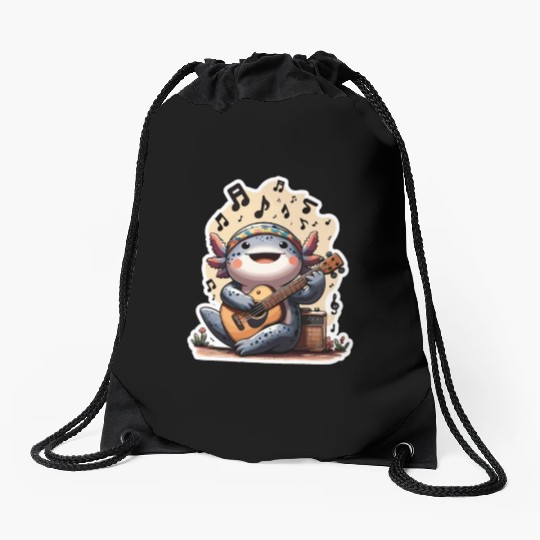 Jamalotl Guitars Axolotl Hippie Plays Music Drawstring Bags