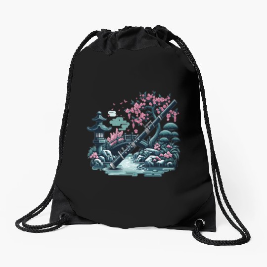 Shakuhachi in the Japanese garden Drawstring Bags
