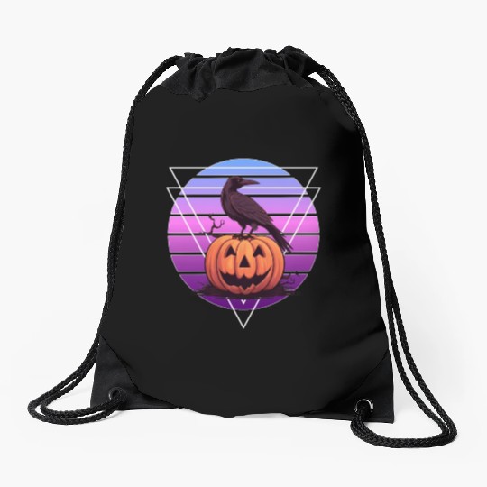 Raven Crow On Pumpkin Vaporwave Halloween Pagan Ae Drawstring Bags