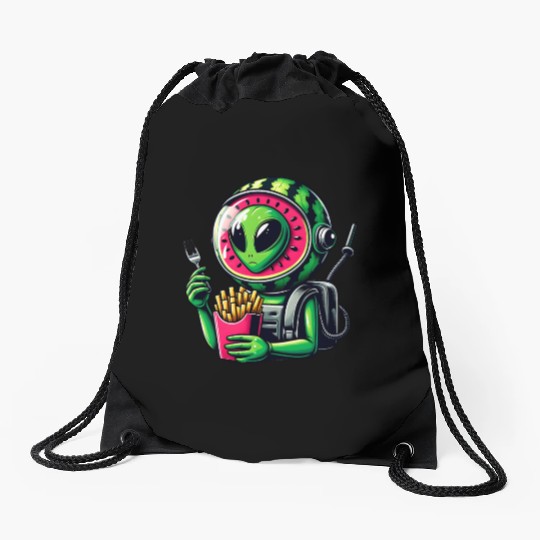 Alien with watermelon helmet eats fries Drawstring Bags