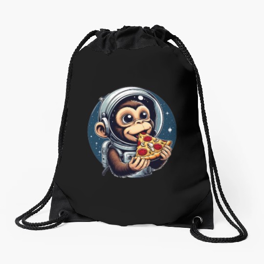 Space monkey enjoys pizza Drawstring Bags