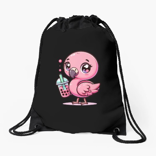 Cute Kawaii Flamingo Bubble Tea Lover Flamingo Drawstring Bags