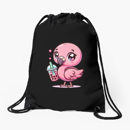 Cute Kawaii Flamingo Bubble Tea Lover Flamingo Drawstring Bags