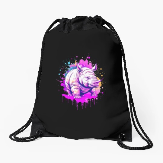 a rhino with paint splatters on it's face Drawstring Bags