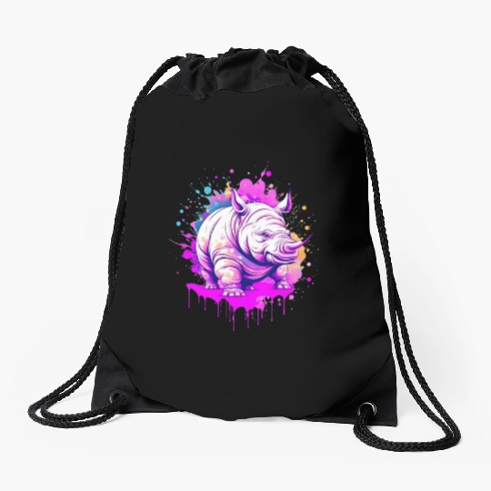 a rhino with paint splatters on it's face Drawstring Bags