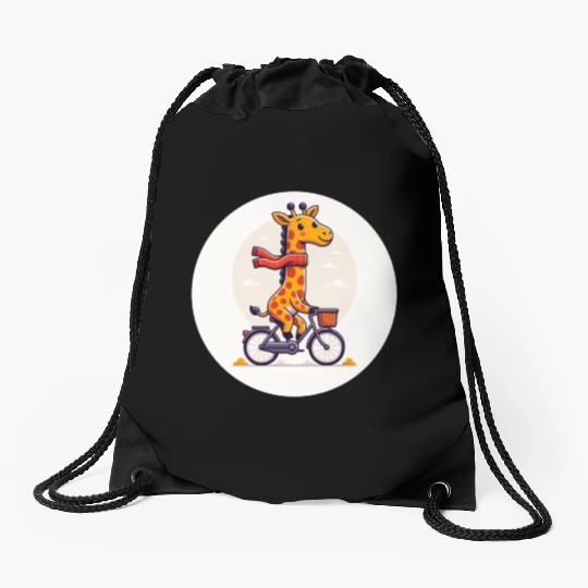 Sweet baby giraffe riding a bike Drawstring Bags