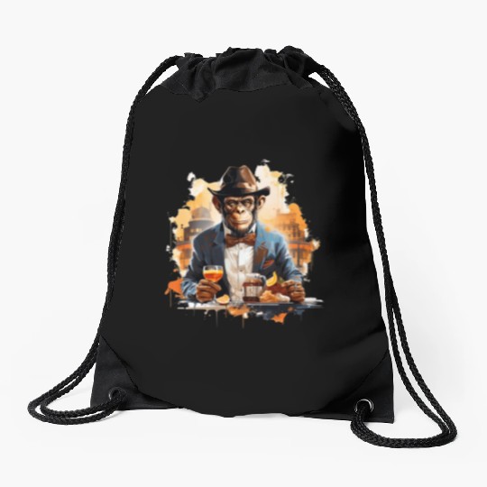 Cool Business Monkey with Drink Chimpanzee Drawstring Bags
