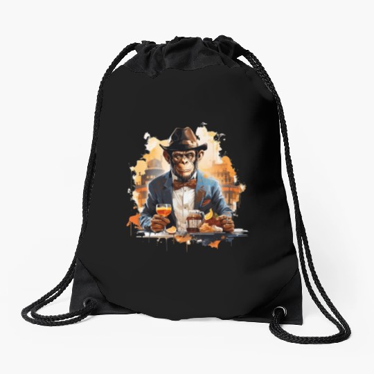 Cool Business Monkey with Drink Chimpanzee Drawstring Bags