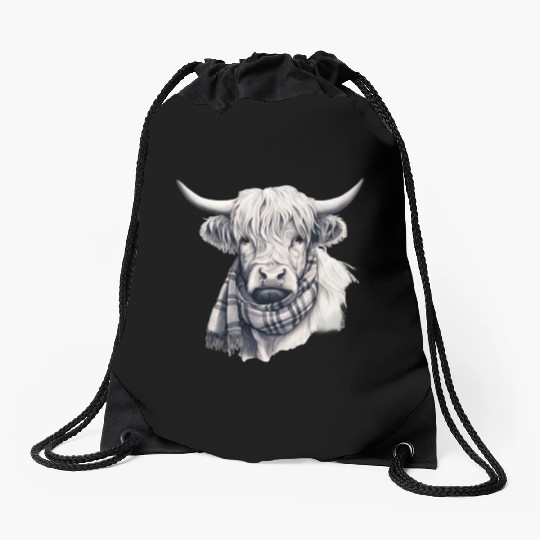 Adorable Highland Cow Wearing a Scarf Drawstring Bags