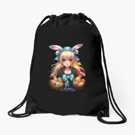 Easter Day Anime Girl Bunny Ear Easter Egg Hunt Drawstring Bags