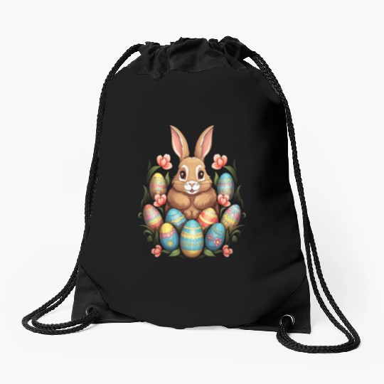 Easter Bunny Rabbit Colorful Eggs Easter Egg Hunt Drawstring Bags