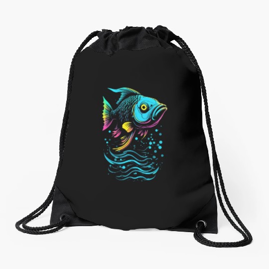 Fish Vector Art Neon Glow Drawstring Bags
