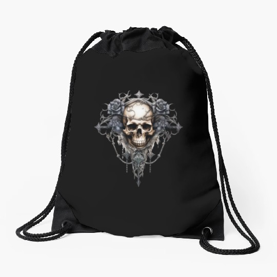 Gothic Art Print with Skull and Roses Drawstring Bags
