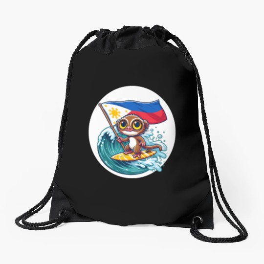 Surfing tarsier Philippine flag Drawstring Bags