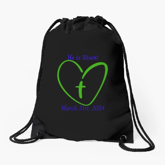 He Is Risen Heart with a Cross; March 31st, 2024 Drawstring Bags