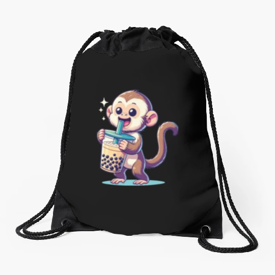 Kawaii Bubble Tea Boba Cappuccino Monkey Drawstring Bags