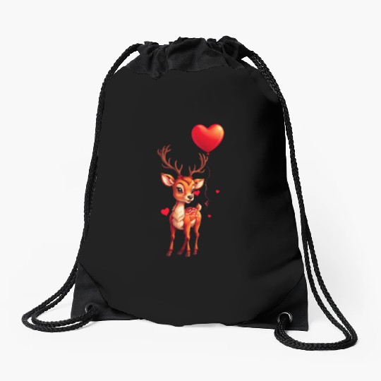 Adorable deer with heart shaped balloon. Drawstring Bags