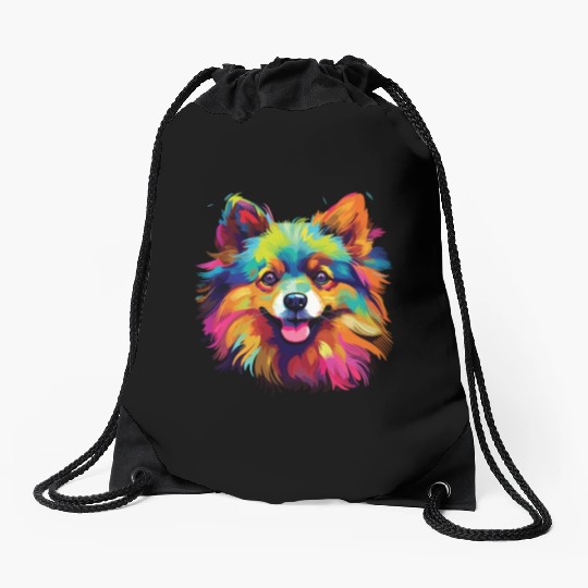 Watercolor Colorful Pomeranian Drawstring Bags
