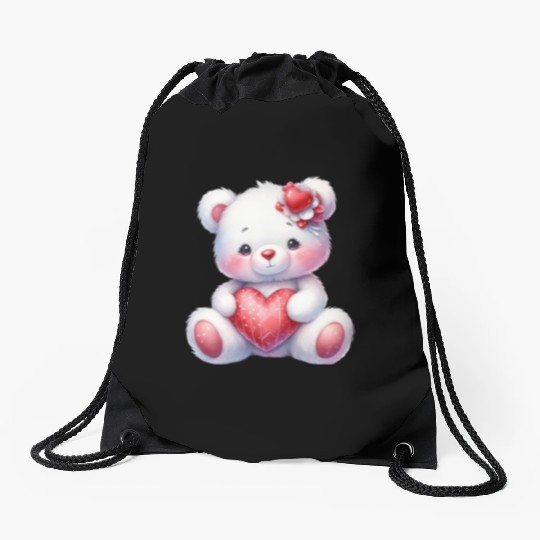 White Teddy Bear Love Valentine's Day Red Heart Drawstring Bags